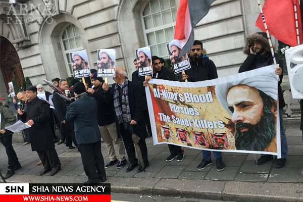 تظاهرات شیعیان لندن مقابل سفارت عربستان در سالگرد شهادت شیخ نمر