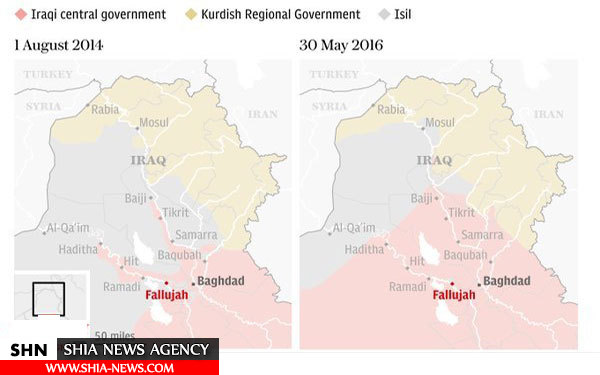 نقشه مقایسه مناطق تحت اشغال داعش در عراق بین سال‌های 2014 و 2016
