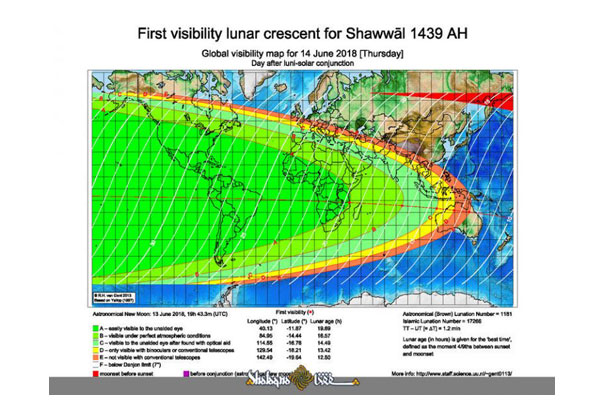 نقشه رویت هلال ماه در جهان و ایران
