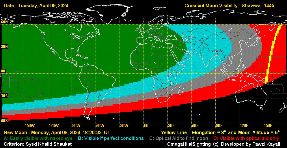 نقشه رویت هلال ماه در غروب روز سه شنبه ۲۱ حمل ۱۴۰۳