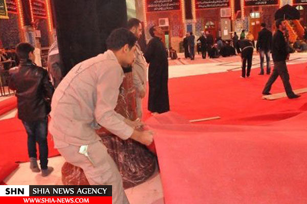 صحن حرم امام حسین(ع) با فرش قرمز مفرش شد