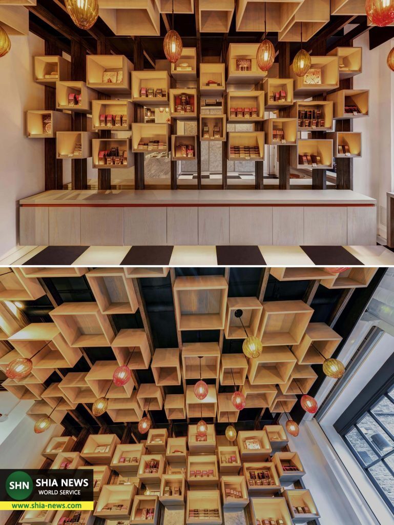 باکس‌های چوبی در دکوراسیون مغازه شکلات فروشی