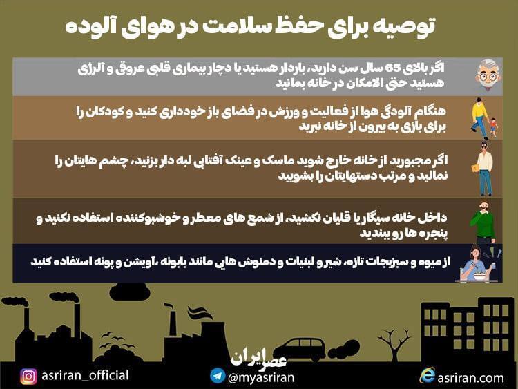 اینفوگرافیک/ چند توصیه برای حفظ سلامت در آلودگی هوا اینفوگرافیک/ چند توصیه برای حفظ سلامت در آلودگی هوا