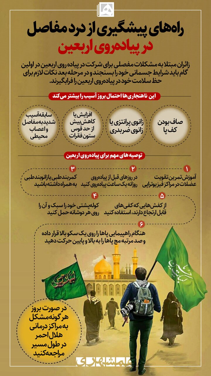 اینفوگرافیک/ راههای پیشگیری از درد مفاصل در پیادهروی اربعین اینفوگرافیک/ راههای پیشگیری از درد مفاصل در پیادهروی اربعین